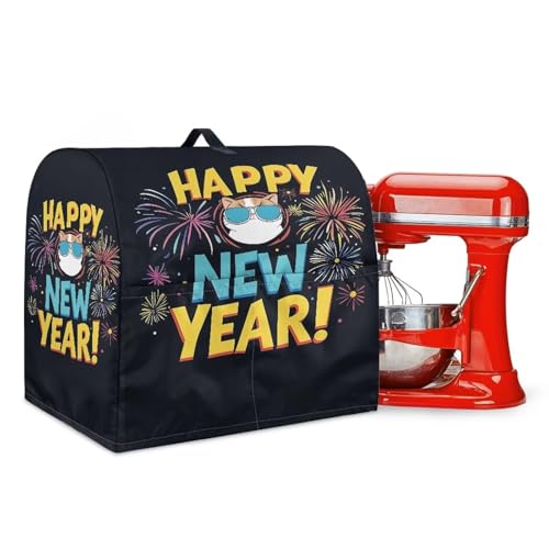 ZOUTAIRONG Happy New Year Stand Mixer Covers for Kitchen with Handle Pocket Anti-Sputtering Cat Small Appliance Covers for Stand Blender Fits for 6-8 Quart Stand Mixers