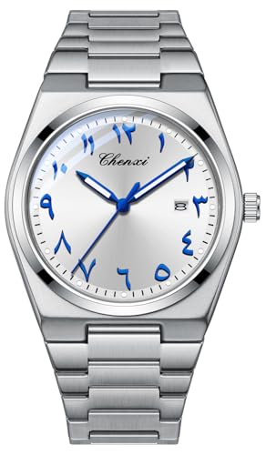 MASTOP Arabic Dial Men's Quartz Watch Silver Stainless Steel Luminous Waterproof Business Casual Wristwatch with Date Display (Silver White)