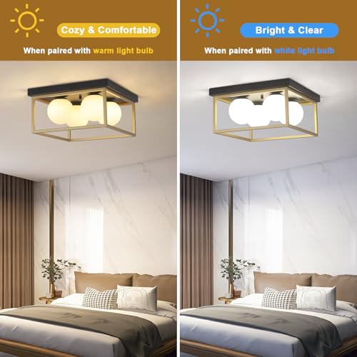 Image of Flush Mount Ceiling Light, 12.6 inch Close to Ceiling Light Fixtures with Globe Glass Shade, 4-Light Black and Gold Light Fixture for Living Room Dining Room Bedroom Kitchen Hallway Entryway