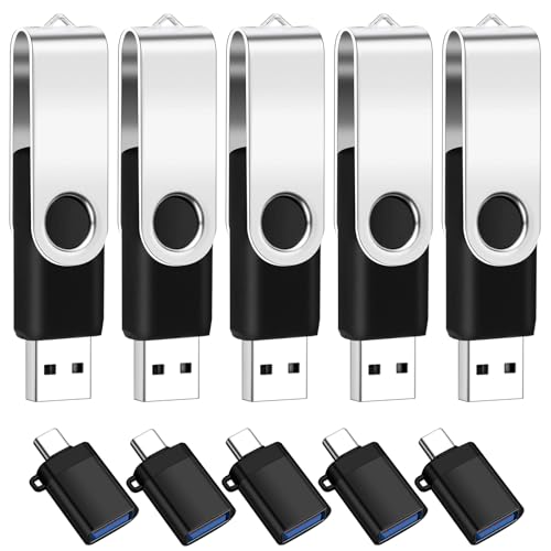 Image of 5-Pack of 4GB USB 2.0 Flash Drive Bulk with 5 USB-C Adapters & Keychains | EASTBULL High Speed USB Drives Pack 360 Rotatable Swivel Thumb Drives 4GB (Black)