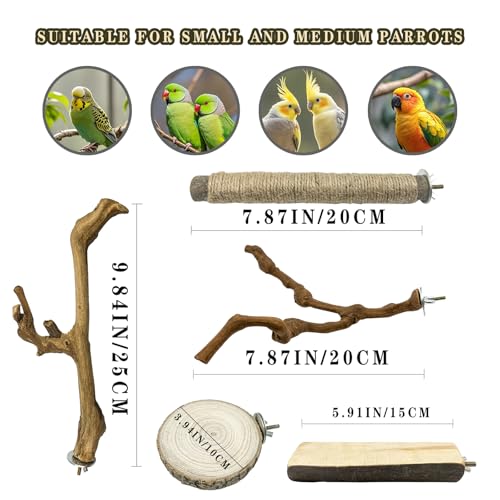 Image of 6 Pcs Medium Bird Perch Set, Natural Wood Bird Perches, Parrot Cage Toys for Cockatiels, Conures, Budgies, and Parakeets, Cage Accessories for Small and Medium Parrots