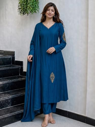 Image of ANNI Designer Kurta Set for Women Viscose Embroidered | A-Line Kurta Pant Dupatta Set for Woman | Long Sleeve V-Neck Stylish Ethnic 3 Piece Outfit Trendy Women Clothing