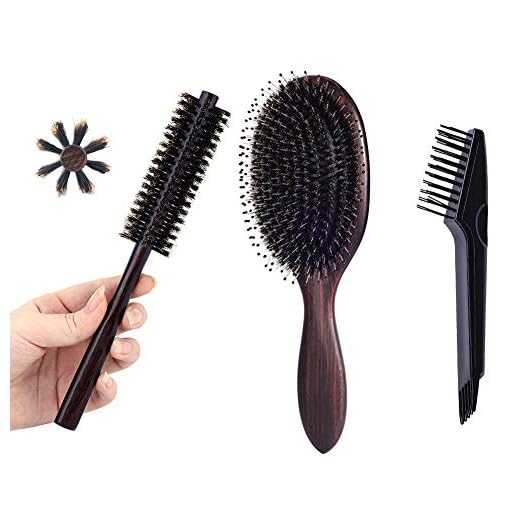 Small Round Boar Bristle Brush, Boar & Nylon Bristle Paddle Brush with Hair Brush Cleaner