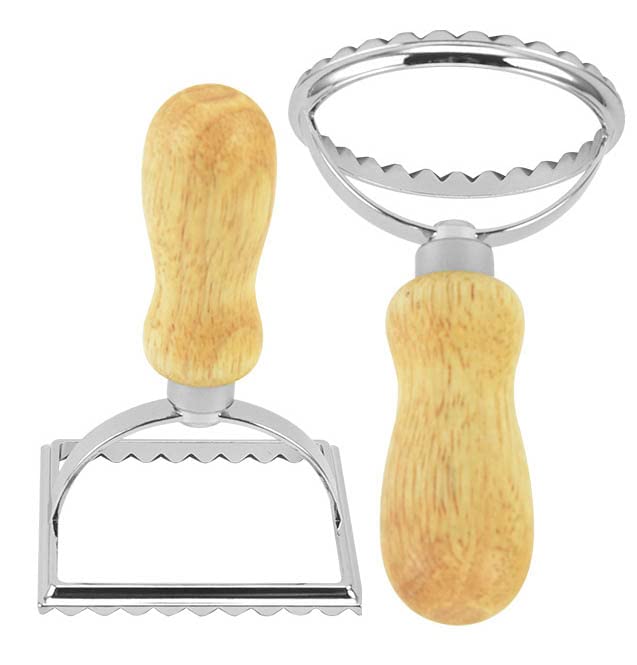 Ravioli Stamp Maker Cutter with Roller Wheel Set,Mold with Strong Beechwood Handle and Sturdy Aluminum Frame Fluted Edge,Pasta Press Kitchen Attachment for perogis and Ravioli(1 Round & 1 Square)