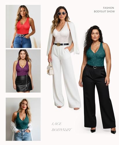 FeelinGirl Shapewear Bodysuit for Women Lace Body Suit Body Shaper Thong V Neck Tummy Control3