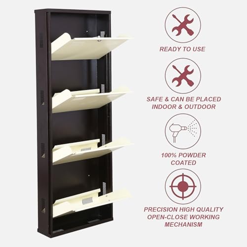 Image of Metal Shoe Rack Wall Mounted for Home with Central Locking 4 Door 20 inch Wall Mounted Metal 8 Pair Shoe Rack Cabinet Pre-Assembled Rack Shelves | 3 Year Warranty (Brown & Ivory)
