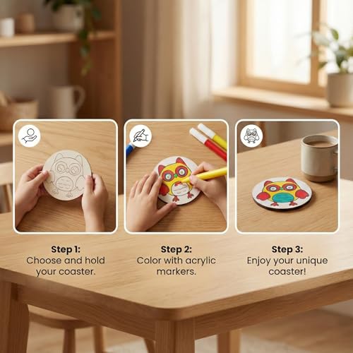 Image of HOBBY INDIA DIY Kids Coaster Art Craft Painting Kit Set | Pre-Marked Wooden MDF Materials | Gift for Boys & Girls | Perfect Coaster for Home, Office Use
