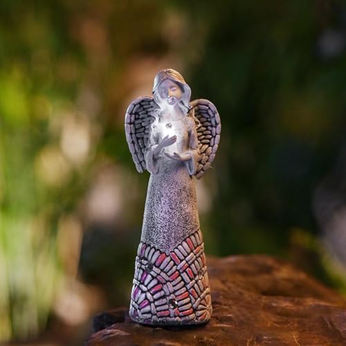 ComfyHarbor Statua da giardino a forma di angelo con luci solari, resistente alle intemperie, con croce, in resina, decorazione per esterni, per prato, patio, 8,5 x 7,5 x 25,5 cm