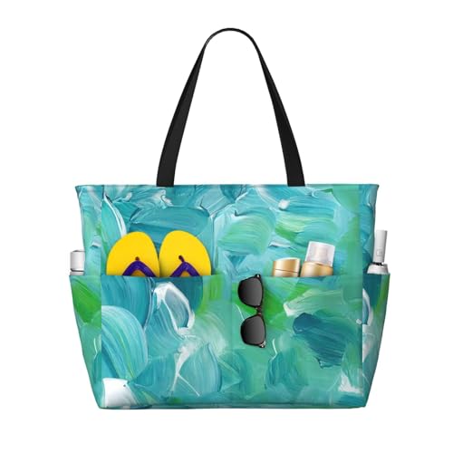 blue oil paint texture Print Foldable Lightweight Family Beach Bag for Men Women Beach Tote Bag Portable Gym Bag