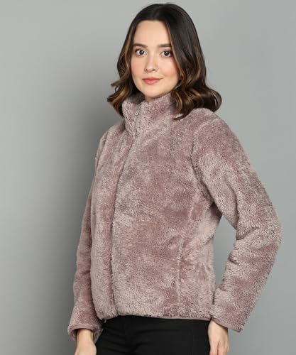 Image of Alan Jones Clothing Women's Fluffy Yarn Fleece Full-Zip Jacket | Soft Lightweight Warm Outerwear with Stand Collar & Piping at Hem & Cuffs