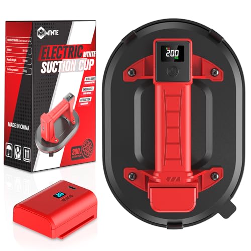Mtnte Electric Vacuum Suction Cup for Glass - 440lbs Lifter with Digital Display, 8H Battery for Large Tile/Floor/Windshield, 3-Layer Leakproof, 13000RPM Motor (Red)