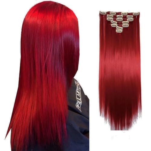 iLUU Synthetic Hair Extensions #1664 Bright Red Fashion Color Clip in Hair Pieces 100g 22" Long Straight Smooth Silky Soft Hairpiece 7pcs Full Head 16 Clips in Hair Extensions for Beauty Women
