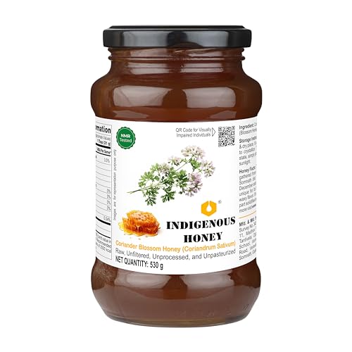 Image of INDIGENOUS HONEY Coriander Honey Raw Organic Natural Pure Unprocessed NMR Tested Unpasteurized Unheated 530g Glass Jar Pack of 1