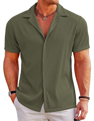COOFANDY Camisas Hombre Manga Corta Regular Fit Camisas Verano Camisa Casual Hawaiana Camisa Playa Verde Oliva 3XL