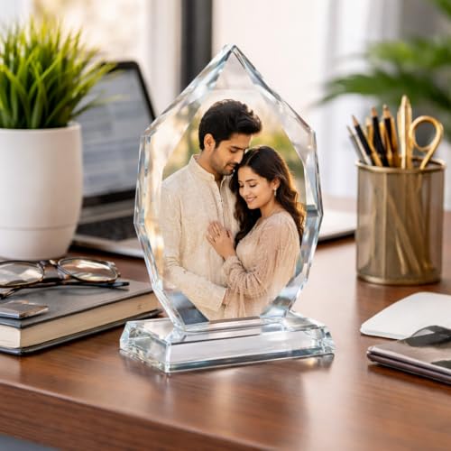 Image of Rangoli Personalized Crystal Photo Frame 21 x 12 cm (210 x 120 mm) Diamond Cut Glass Picture Frame Custom Photo Gift Premium Table Decor. D-10