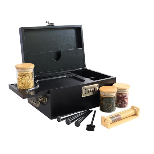 JIABOLANG Bambusbox mit Zahlenschloss Dekorative Box mit Griff Große Aufbewahrungsbox Set Premium verschließbare Stashbox Organizer Set als große Geschenkwahl (Schwarz)