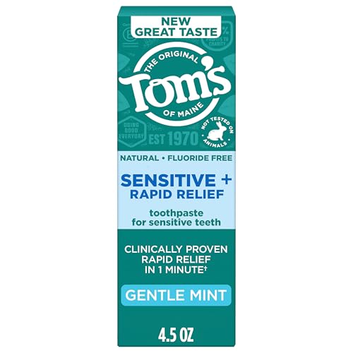 Toms of Maine Rapid Relief Plus Sensitive Toothpaste Fluoride Free 4.5 Oz Sensitive Teeth Toothpaste Clinically Proven Enamel Safe Builds Arginine and Calcium Shield Around Teeth Gentle Mint