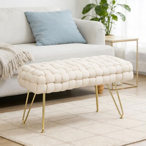 HOMCOM Banco Pie de Cama Tapizado en Terciopelo Banqueta Dormitorio Pie de Cama con Patas Doradas y Asiento Acolchado para Entradas Crema