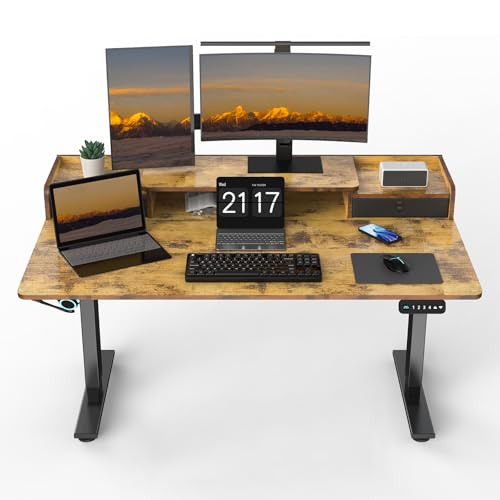 ExaDesk 55 x 30 Inch Electric Standing Desk with 2 Drawers, Adjustable Height Widened Stand Up Desk with Storage, Sit to Stand Ergonomic Workstation for Home Office, Rustic Brown