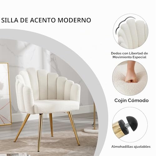 Miniatura 4 de Ya-Home Butaca De Salón Nordic Con Apoyabrazos, Sillones De Dormitorio Individual Moderna De Lana Suave, Con Patas Doradas Silla Tocador Maquillaje Para Hogar Salón,Blanco