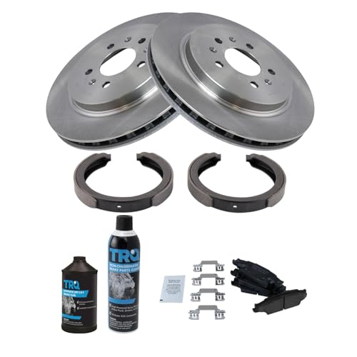 Image of TRQ Rear Brake Pad & Rotor Kit, with Chemical Kit Parking Brake Shoe Set Ceramic Compatible with 2005-2008 Cadillac STS