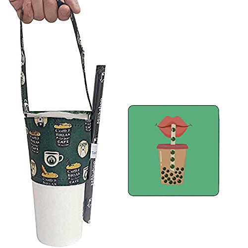 Image of Portable Coffee & Boba Cup Holder w /Straw Loop (Coffee Pattern Green)