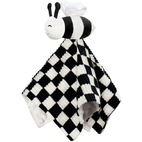 Image of High Contrast Bee Baby Security Blanket for Boys Girls 14 Inch | Super Soft 3D Checkerboard Gingham with Minky Dot Fabric Backing Snuggle Stuffed Animal Shower Gift Black