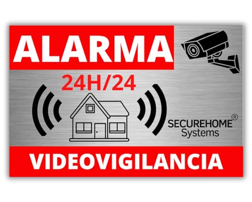 SecureHome Systems - Juego de 8 pegatinas disuasorias de robo fondo aluminio - Alarma + videovigilancia 24 horas - Resistencia a la lluvia y a los rayos UV - 8,5 x 5,5 cm