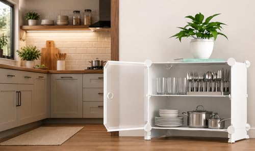 Image of Plastic Cupboard for Storage -2 Pack Multipurpose Stackable Cabinet Drawer, Foldable Wardrobe Organizer for Clothes, Kitchen Storage Cabinet, Modular Drawer Almirah (2-Tier)