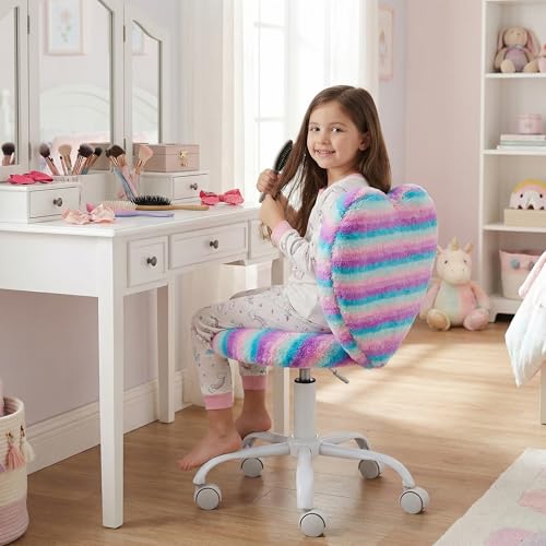 Image of Kmax Kids Reading Chair, Rolling Cute Desk Chair for Girls Swivel Office Chair with Wheels & Heart Back Adjustable Childrens Vanity Chair for Bedroom Reading Room - Faux Fur, Rainbow