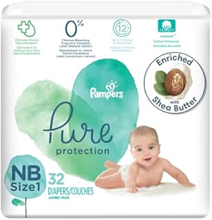 Diapers Newborn/Size 1 (8-14 lb), 32 Count - Pampers Pure Protection Disposable Baby Diapers, Hypoallergenic and Unscented Protection, Jumbo Pack (Packaging & Prints May Vary)
