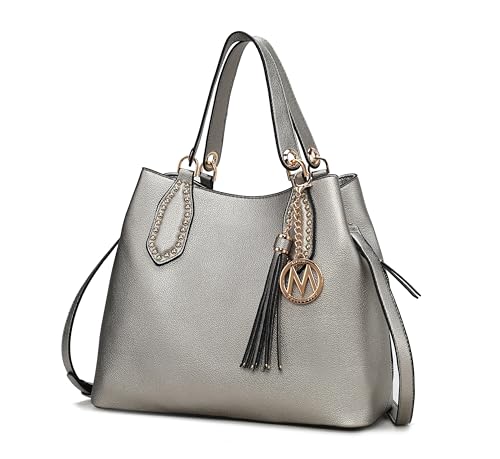 MKF Collection Bolsa Hobo para mulheres, bolsa de ombro com borla de couro vegano, bolsa tiracolo de alça dupla da Mia K, Lana Pewter