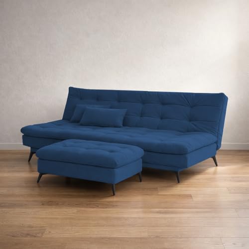 Image of Krancy Solid Wood 3 Seater Sofa Cum Bed with Ottomon | Convertible Wooden Couch for Living Room, Home & Office | Modern Designer Furniture | 1 Year Warranty | Blue Color