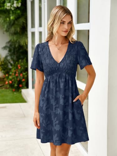 Image of Simplee Womens Summer Casual V Neck Dress Sexy Short Sleeve Mini Sundress Boho Western Empire Waist Pocket Dresses 2026