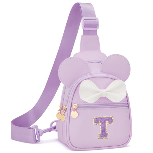 Image of Initial Sling Bag Crossbody Purse for Kids Girls Age 3-8 | Personalized Initial Creates A Thoughtful Gift, Soft Vegan Leather, Adjustable Strap & 3 Pockets for Kids Girls 3-8, Purple T