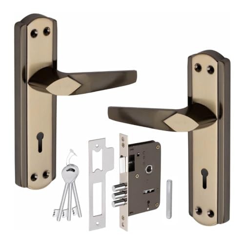 Image of Mortise Door Handle Lock Set with Stainless Steel Plate, Black Gold Finish, 20.3 cm x 4.6 cm, Lock Body for Both Right and Left Hand Door,