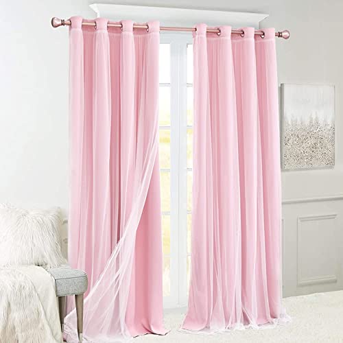 Image of Pink Double Layer Curtains 90 Inch Length- Baby Pink Blackout Curtains with White Sheer Voile for Bedroom, Living Room and Nursery, Girl's Blocking Curtains, 52 x 90 inch
