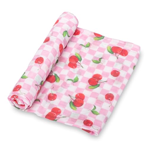 Image of LollyBanks 100% Cotton Baby Swaddle Blanket for Baby Girls, Gentle and Soft Muslin Swaddle, Lightweight 47 x 47 Inches Swaddling Blankets for Newborn, Baby Girl Newborn Essentials (Cherry Print)