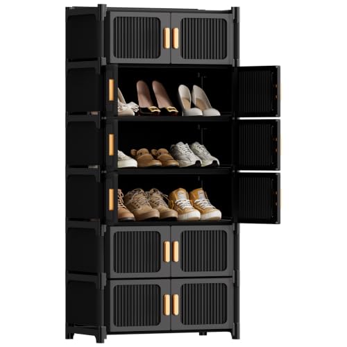 Gasvadivum Shoe Rack 7 Tier Shoe Storage Cabinet with 6 Doors 21 Pair Plastic Shoe Cabinet with Waterproof Outdoor Shoe Shelves Organizer for Entryway Bedroom Hallway Living Room Black