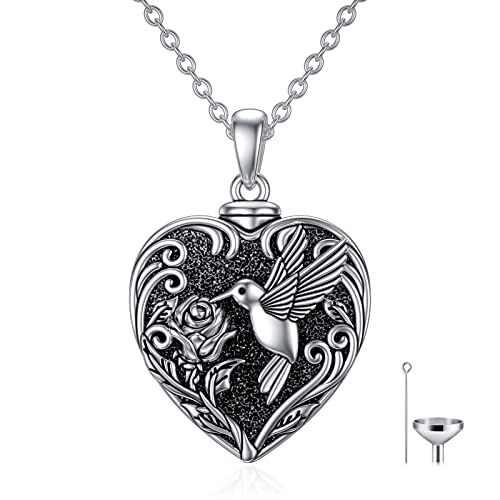 TOUPOP Hummingbird Urn Necklace for Ashes 925 Sterling Silver Heart Cremation Jewelry Keepsake Pendant with Funnel Filler Memorial Christmas Gifts for Women Mom Wife