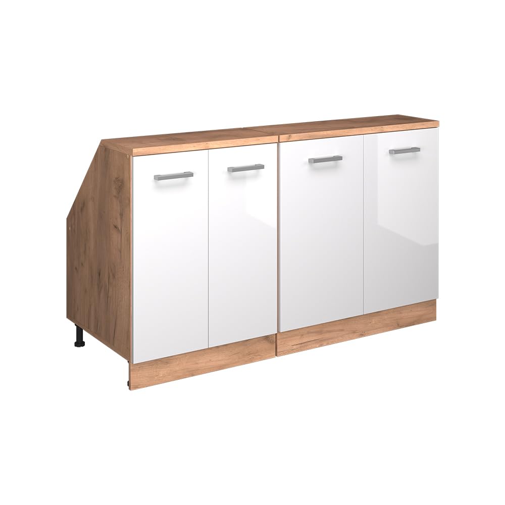 Vicco Küchenschrank für Dachschrägen R-Line, Weiß Hochglanz, 140 cm | 2er Set Schrankkorpuss 60 cm Tiefe, geeignet für schräge Wände und variable Küchenmontage