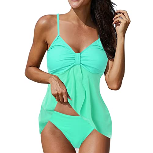 BIISDOST Tankini para mujer con pantalones cortos, tallas grandes, traje de baño de dos piezas, traje de baño deportivo de verano, traje de baño con cuello en V, falda de playa con pantalones de