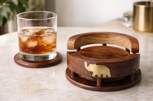 Image of Wooden Handmade Tea Coasters Set of 6, Coasters for Cups Set of 6, Tea Cup Holder Table, with Elephant Brass Work, Coffee Wooden Coaster Set Cup Wooden Stand Coaster