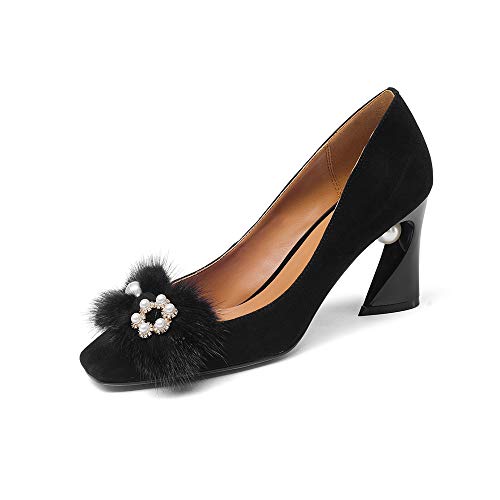 TinaCus Women's Handmade Suede Leather Square Toe Decorated Fur Pearl Floral Dressy Pump Shoes - Main Image