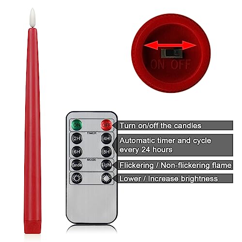 Image of CVHOMEDECO. Flameless Taper Candles with 10-Key Remote, Battery Operated Led Flickering 3D Wick Window Candles Real Wax Finished Home Christmas Party Decor 0.78 x 11 Inch, Pack of 2 Red