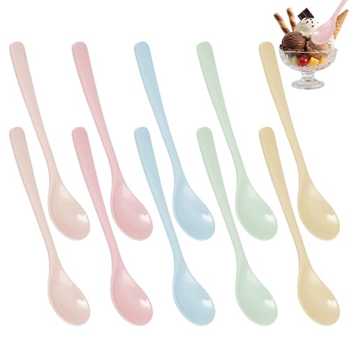 10 Pièces Cuillère à Glace Longue Colorées, 16 x 3,4 cm 5 Couleurs Petite Cuillère Plastique Réutilisable, Résistantes Cuillère à Dessert Longue pour...