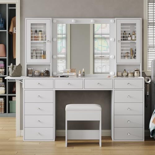 Vanity with Mirror and 10 LED Lights,Vanity Desk with Power Outlet, Makeup Vanity with 12 Drawers and 2 Cabinets, Fold-up Panel, Glass Top Vanity Table with Chair for Bedroom, White