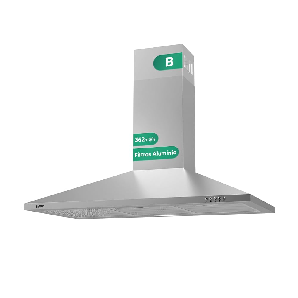 Svan Campana Extractora Piramidal 60cm Inox SCPP901BX. Potencia 66,5m3/h, Tiro Doble, 3 Velocidades, Control Manual, Filtro apto para Lavavajillas