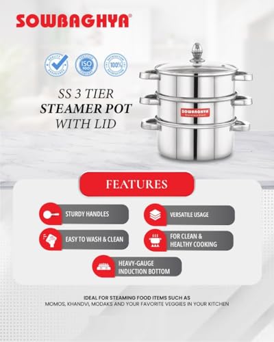 Image of Sowbaghya Stainless Steel 3-Tier Induction Bottom Steamer /Modak & Momo Maker with Glass Lid | Heavy Gauge | Double-Riveted Stainless Steel Handles