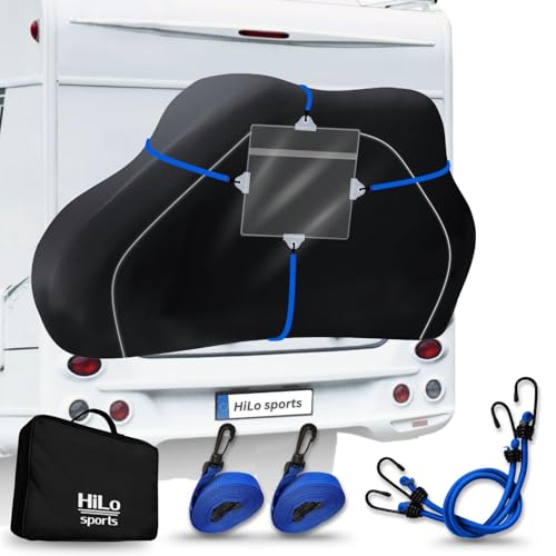 HiLo sports Fahrradschutzhülle Wohnmobil für 2 bis 3 Fahrräder - [Inkl. 2X Schnellspanner & 2X Spannseil] - Reißfeste E-Bike Abdeckplane für Wohnmobile - Fahrrad Transportschutz hinten offen